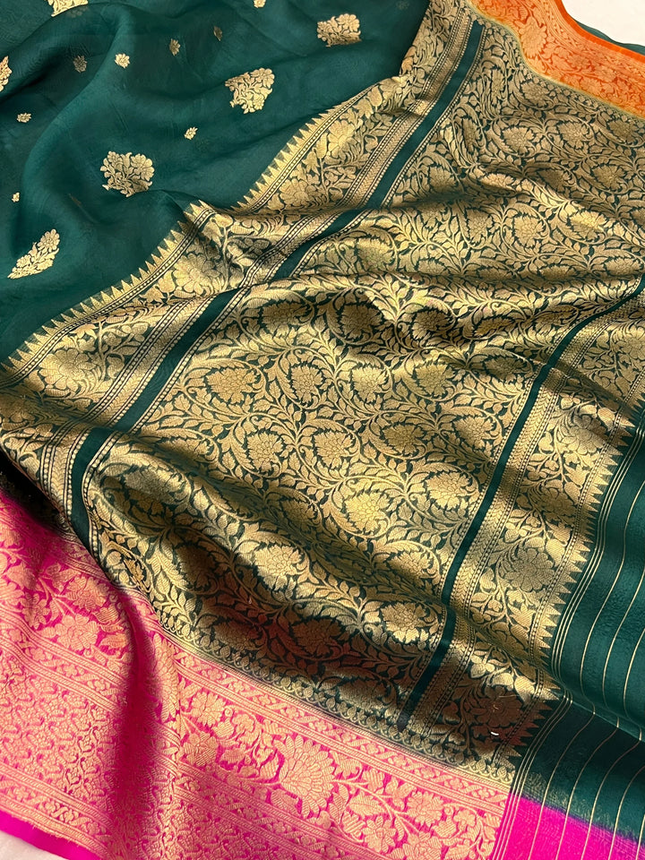 Bottle Green Banarasi Handloom Kora Silk Saree