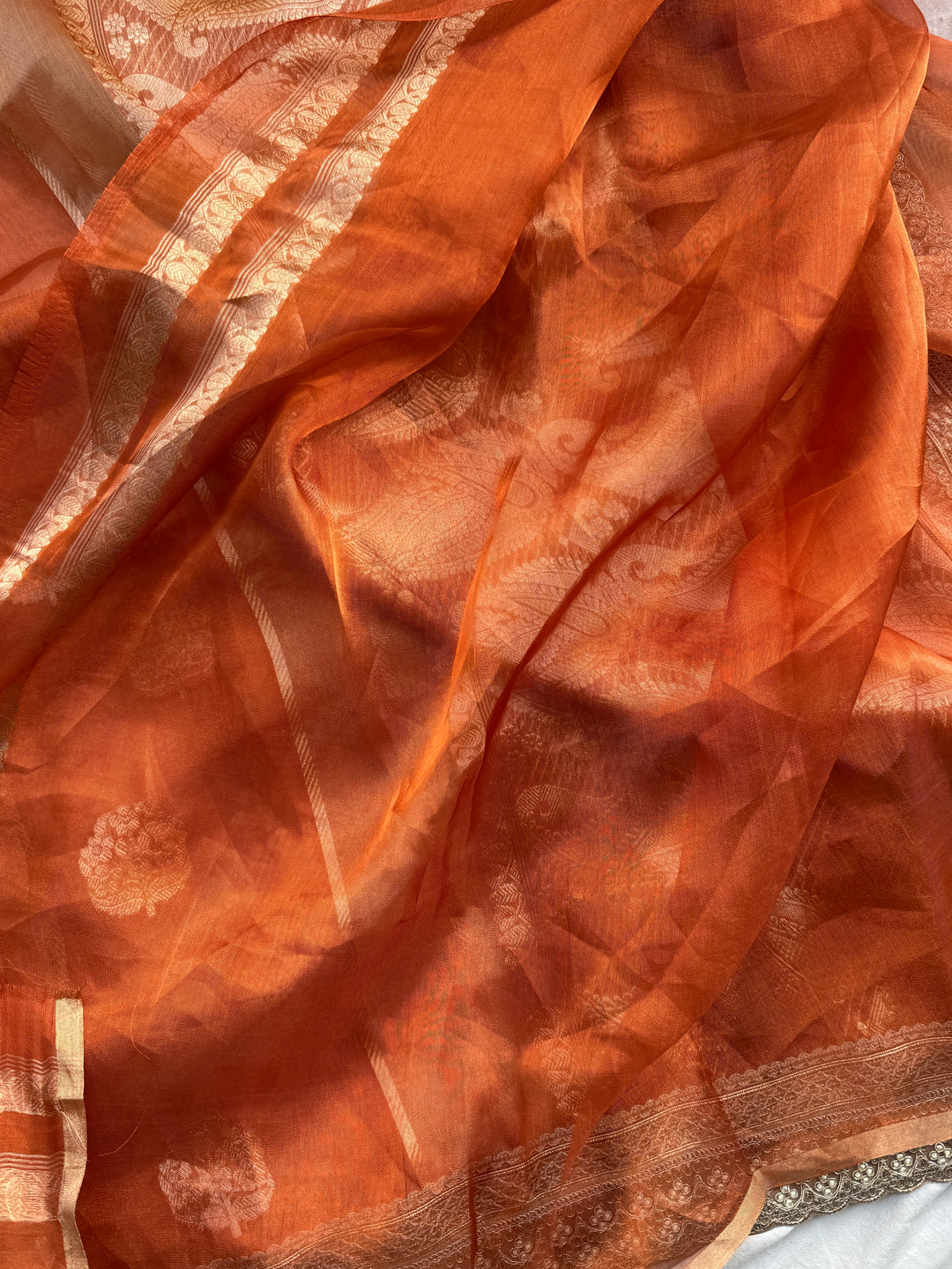 Orange Pure Banarasi Handloom Tissue Silk Saree