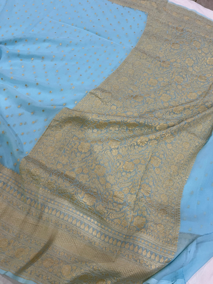 Blue Banarasi handloom chiffon georgette saree with silver zari broad border