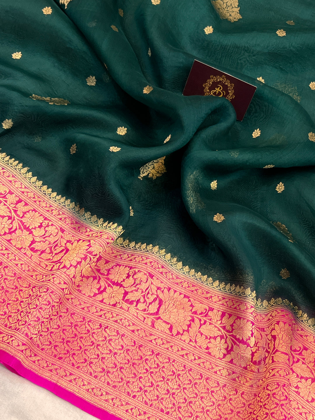 Bottle Green Banarasi Handloom Kora Silk Saree