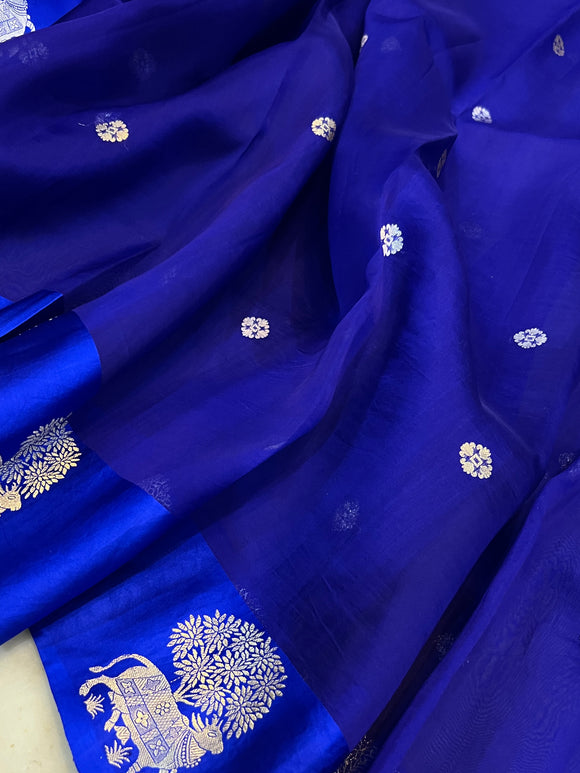 Royal Blue Pure Banarasi Handloom Kora Silk Saree - Aura Benaras