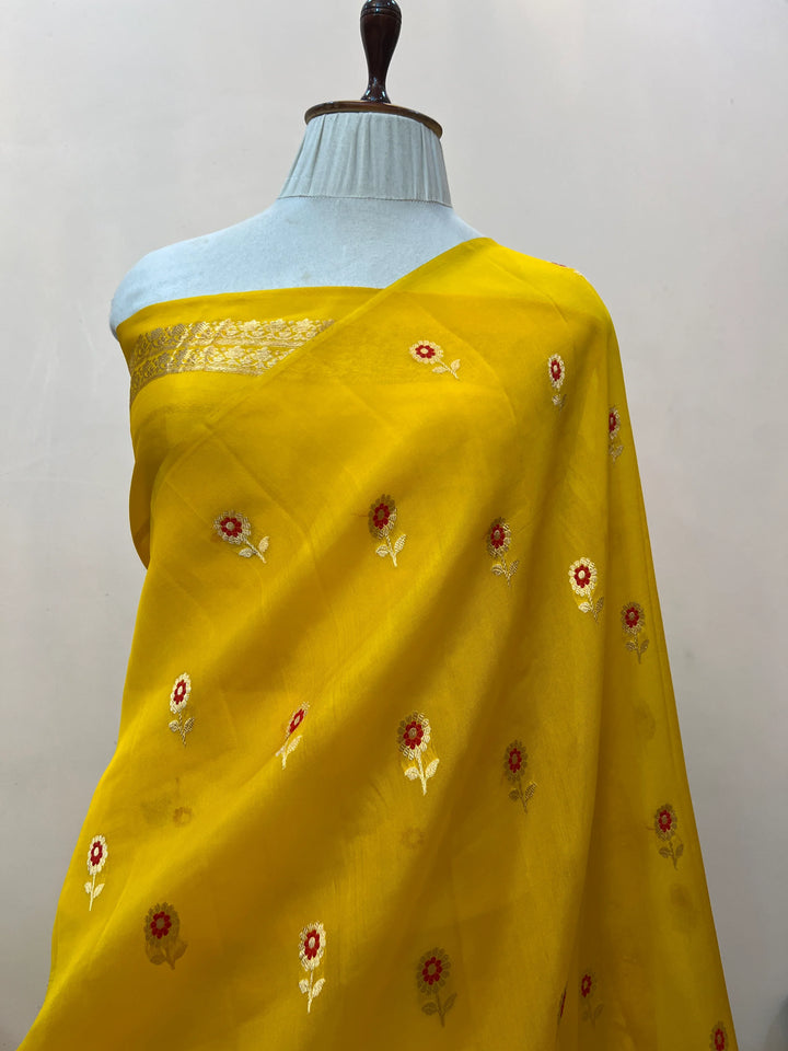 Yellow Pure Kora Silk Handloom Banarasi Saree