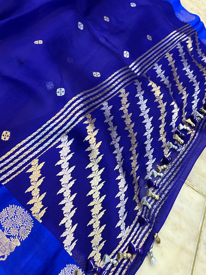 Royal Blue Pure Banarasi Handloom Kora Silk Saree - Aura Benaras