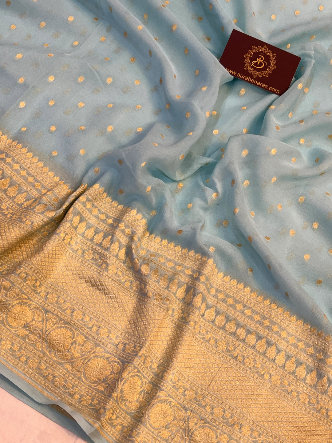 Blue Banarasi handloom chiffon georgette saree with silver zari broad border