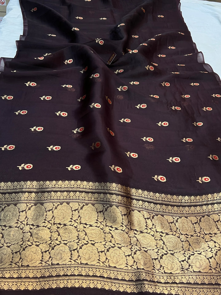 Brown Pure Kora Silk Handloom Banarasi Saree