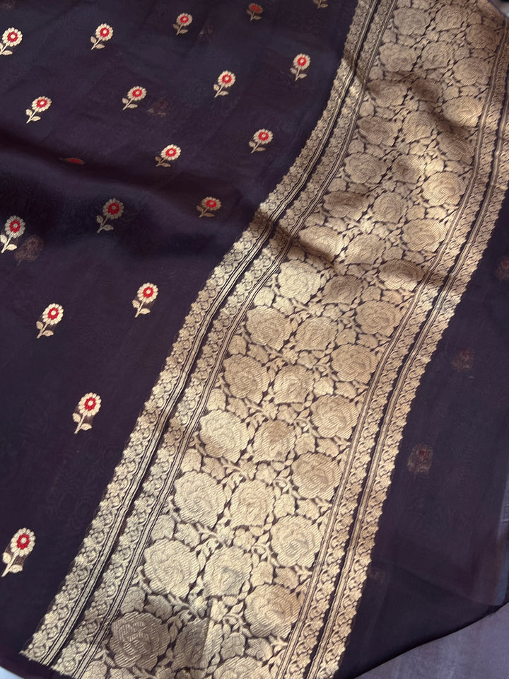 Brown Pure Kora Silk Handloom Banarasi Saree