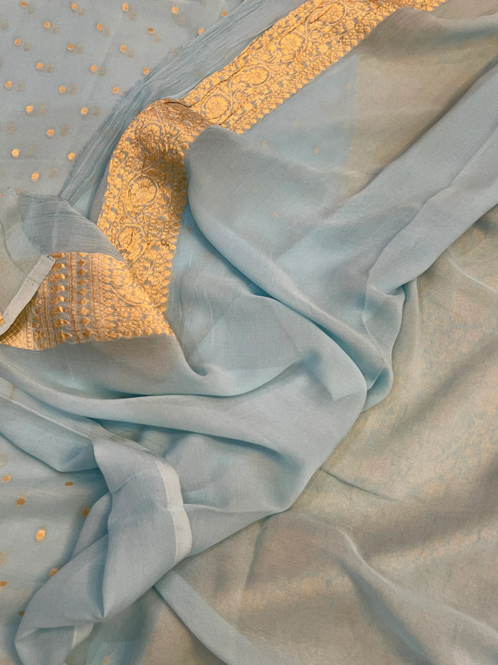 Blue Banarasi handloom chiffon georgette saree with silver zari broad border