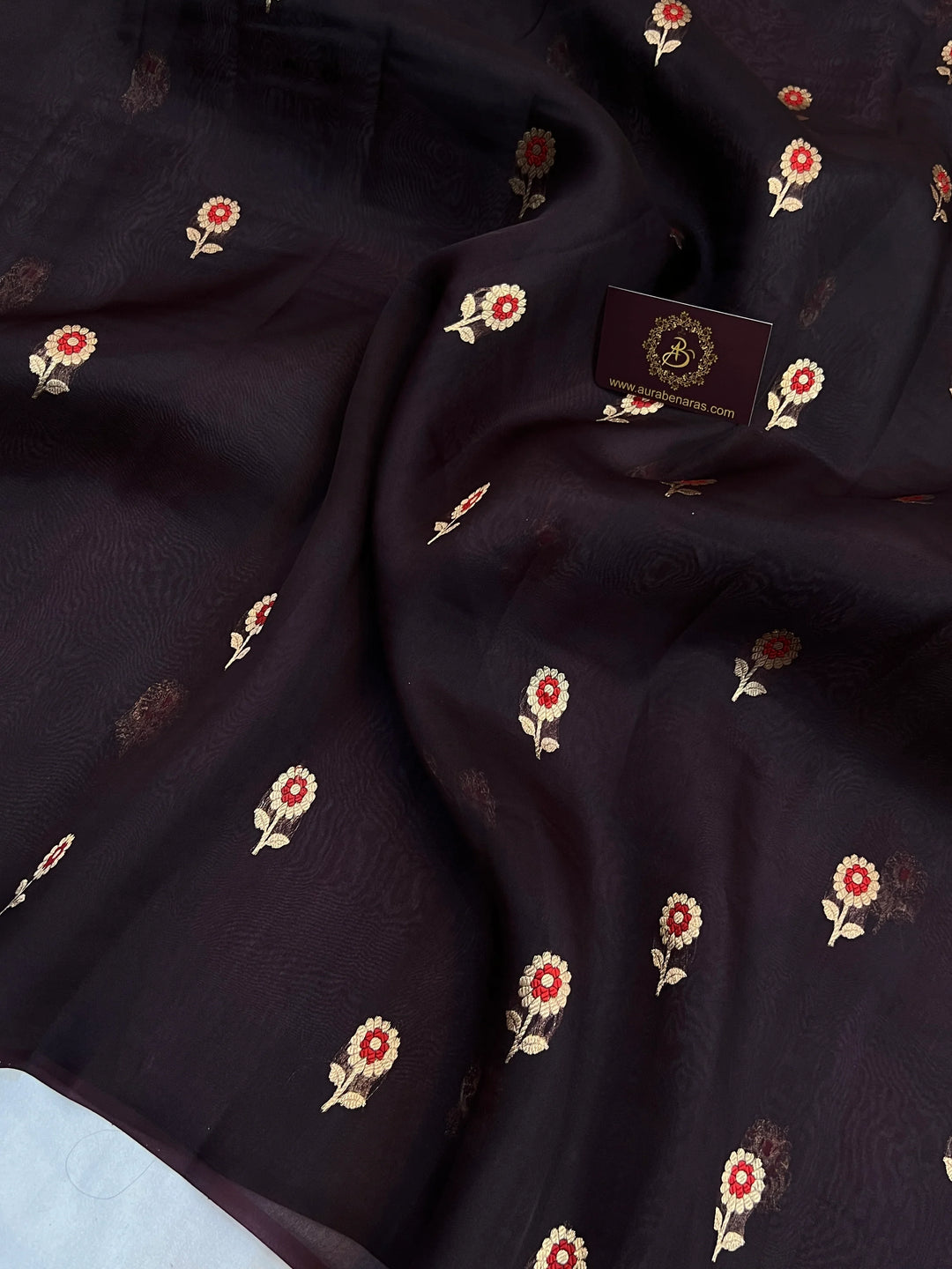 Brown Pure Kora Silk Handloom Banarasi Saree