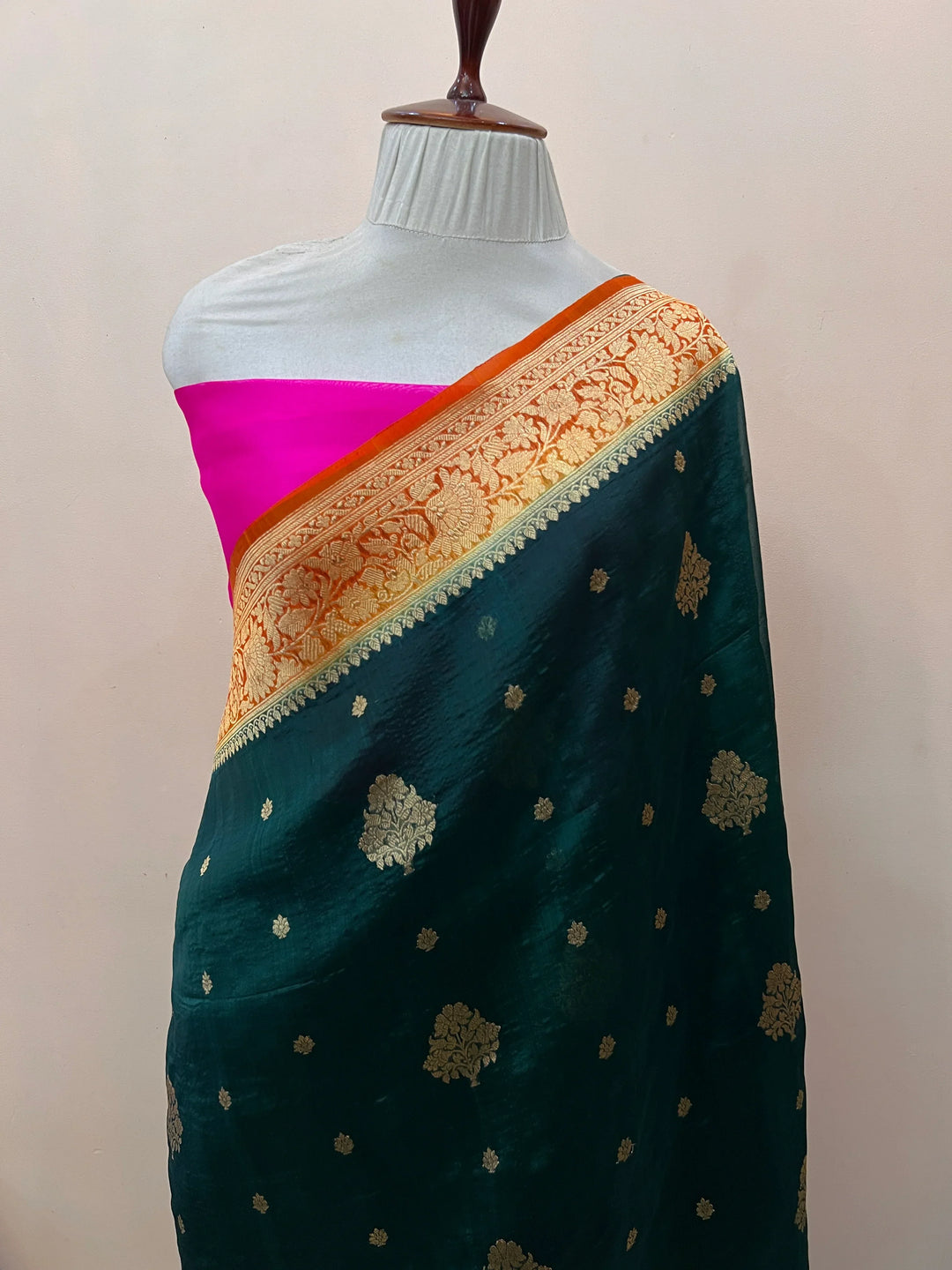 Bottle Green Banarasi Handloom Kora Silk Saree
