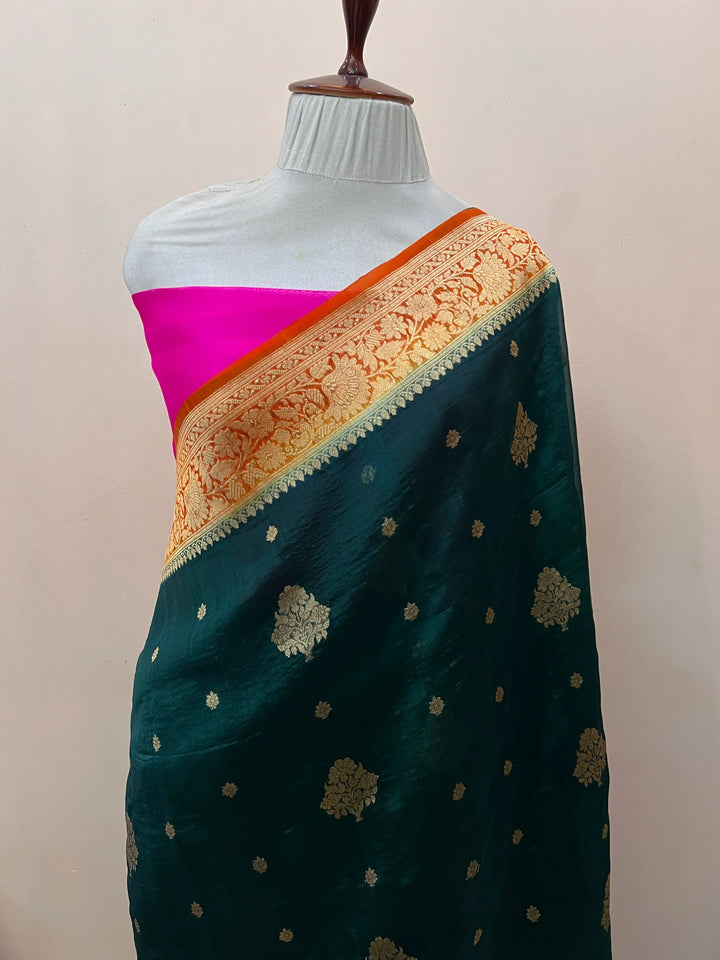 Bottle Green Banarasi Handloom Kora Silk Saree