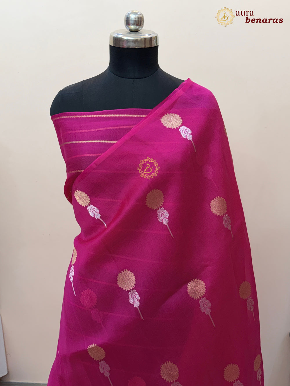 Hot Pink Kora Silk Banarasi Saree with Sona Rupa Butis