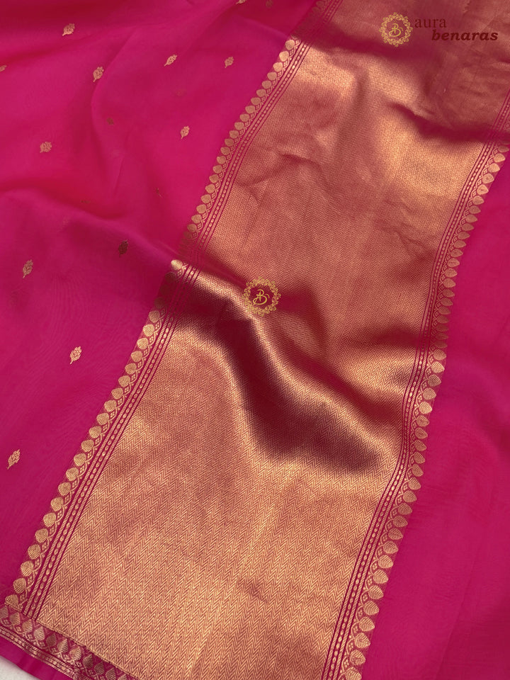 Hot Pink Kora Silk Banarasi Saree with Zari Butis & Border