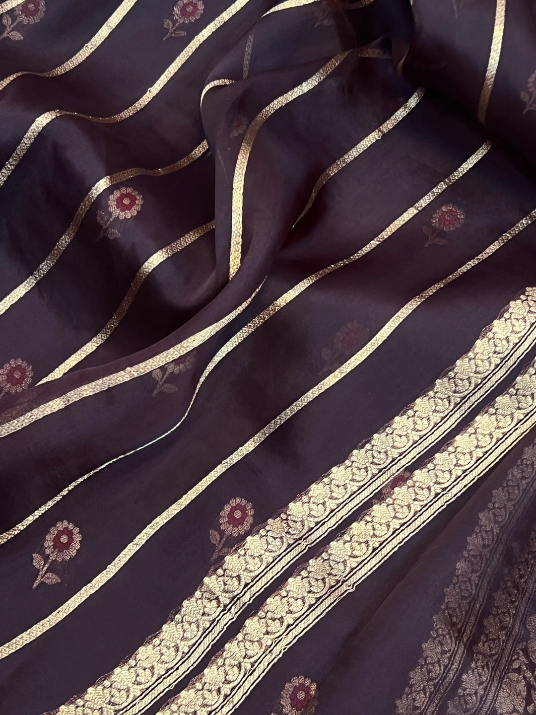 Brown Pure Kora Silk Handloom Banarasi Saree
