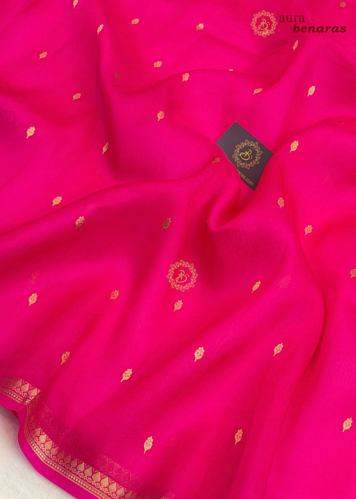 Hot Pink Kora Silk Banarasi Saree with Zari Butis & Border