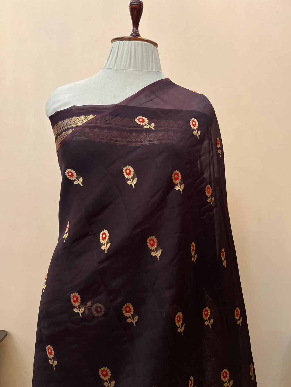 Brown Pure Kora Silk Handloom Banarasi Saree