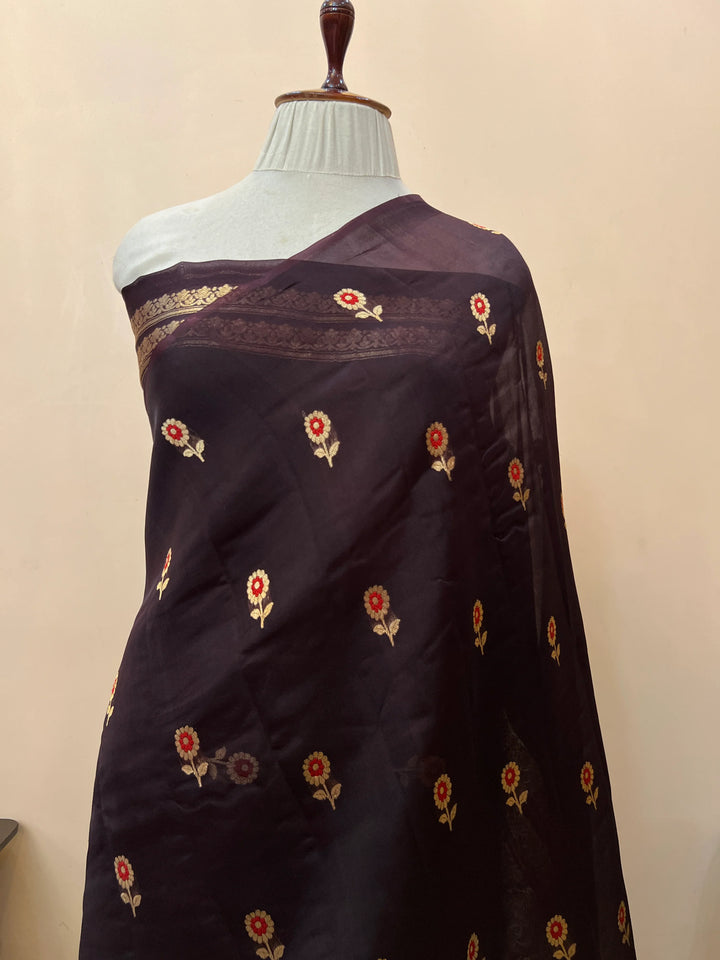 Brown Pure Kora Silk Handloom Banarasi Saree