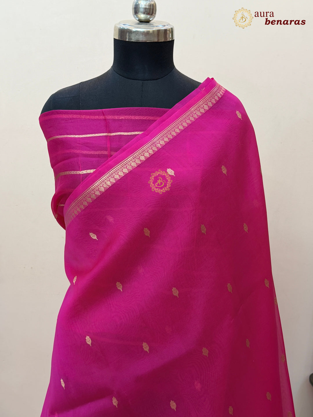Hot Pink Kora Silk Banarasi Saree with Zari Butis & Border