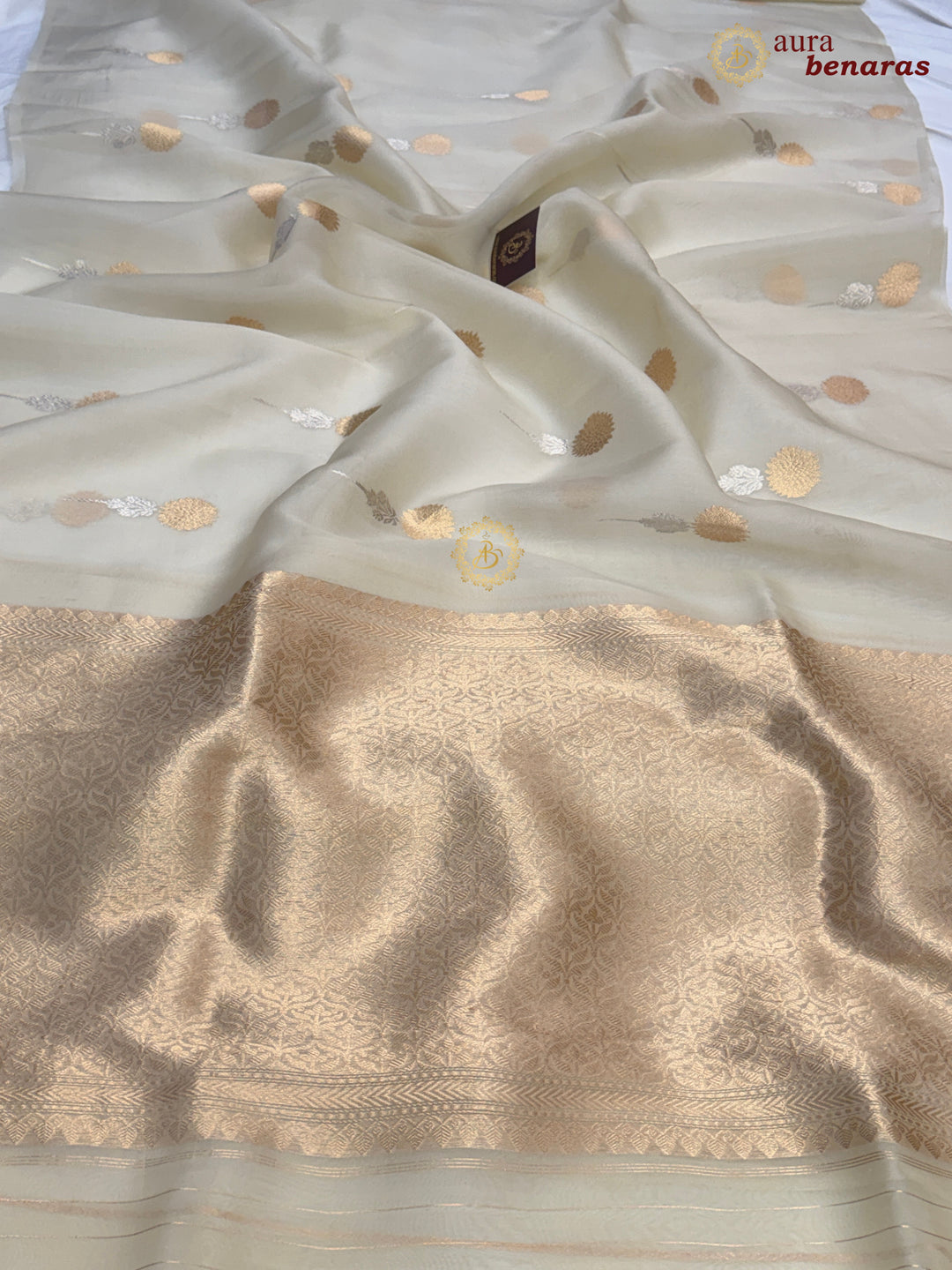 Off White Kora Silk Banarasi Saree with Sona Rupa Butis