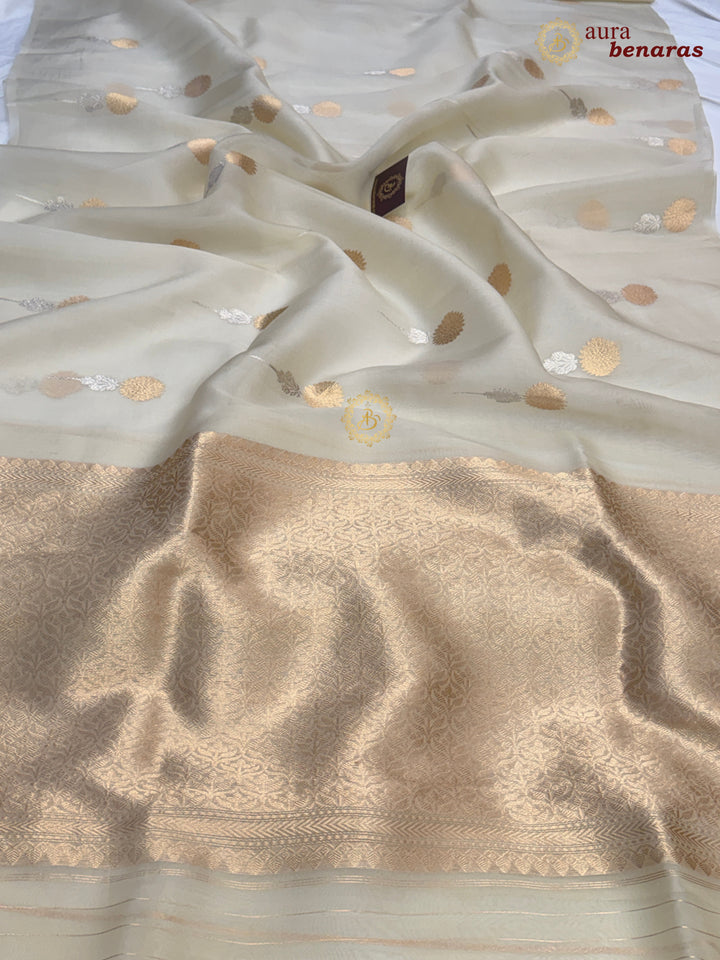 Off White Kora Silk Banarasi Saree with Sona Rupa Butis