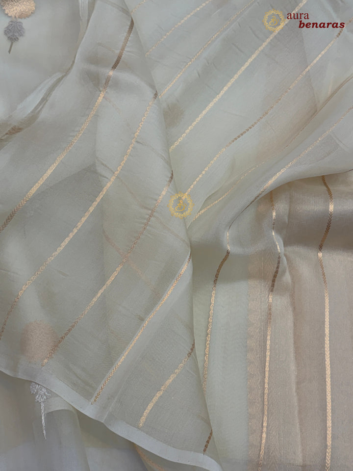 Off White Kora Silk Banarasi Saree with Sona Rupa Butis