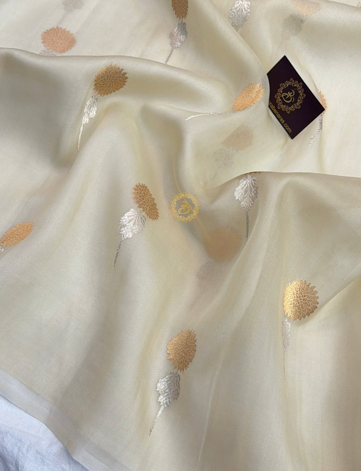 Off White Kora Silk Banarasi Saree with Sona Rupa Butis