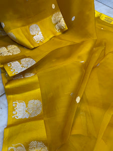 Yellow Pure Banarasi Handloom Kora Silk Saree - Aura Benaras