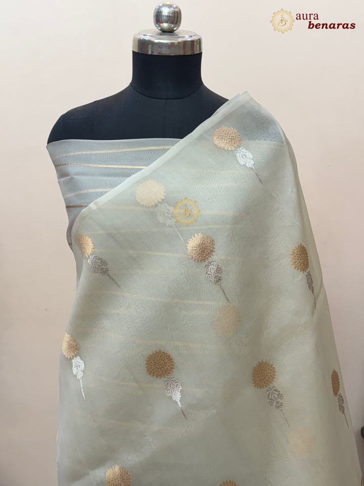 Off White Kora Silk Banarasi Saree with Sona Rupa Butis