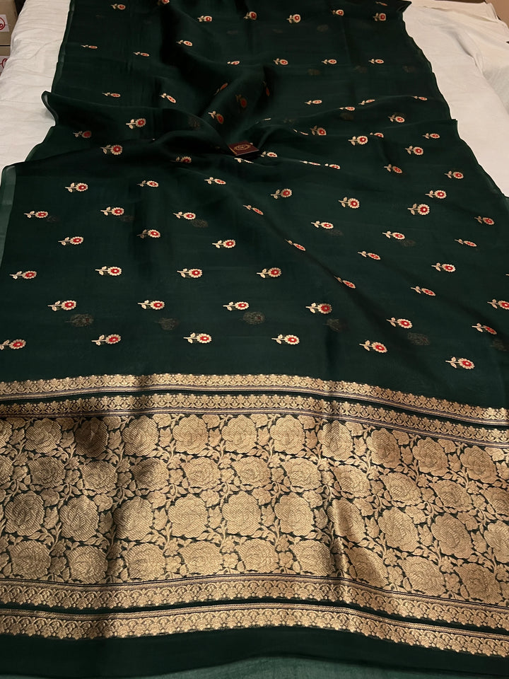 Bottle Green Pure Kora Silk Handloom Banarasi Saree