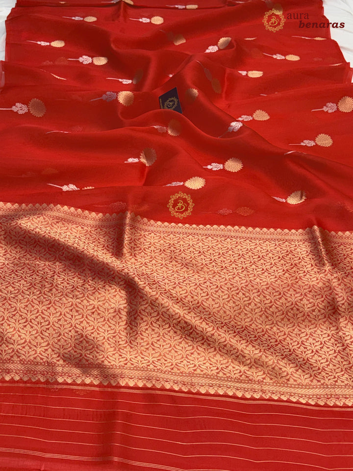 Red Kora Silk Banarasi Saree with Sona Rupa Butis