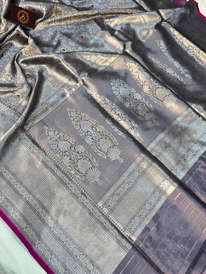 Greyish Lavender Banarasi Handloom Katan Silk Saree - Aura Benaras