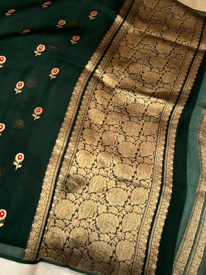 Bottle Green Pure Kora Silk Handloom Banarasi Saree