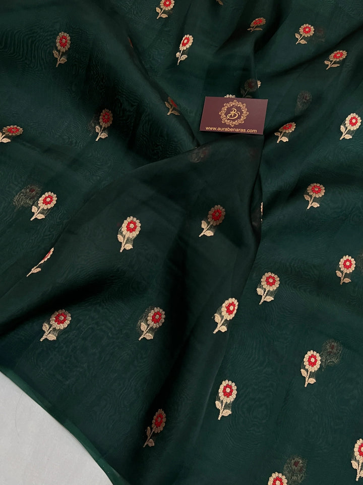 Bottle Green Pure Kora Silk Handloom Banarasi Saree