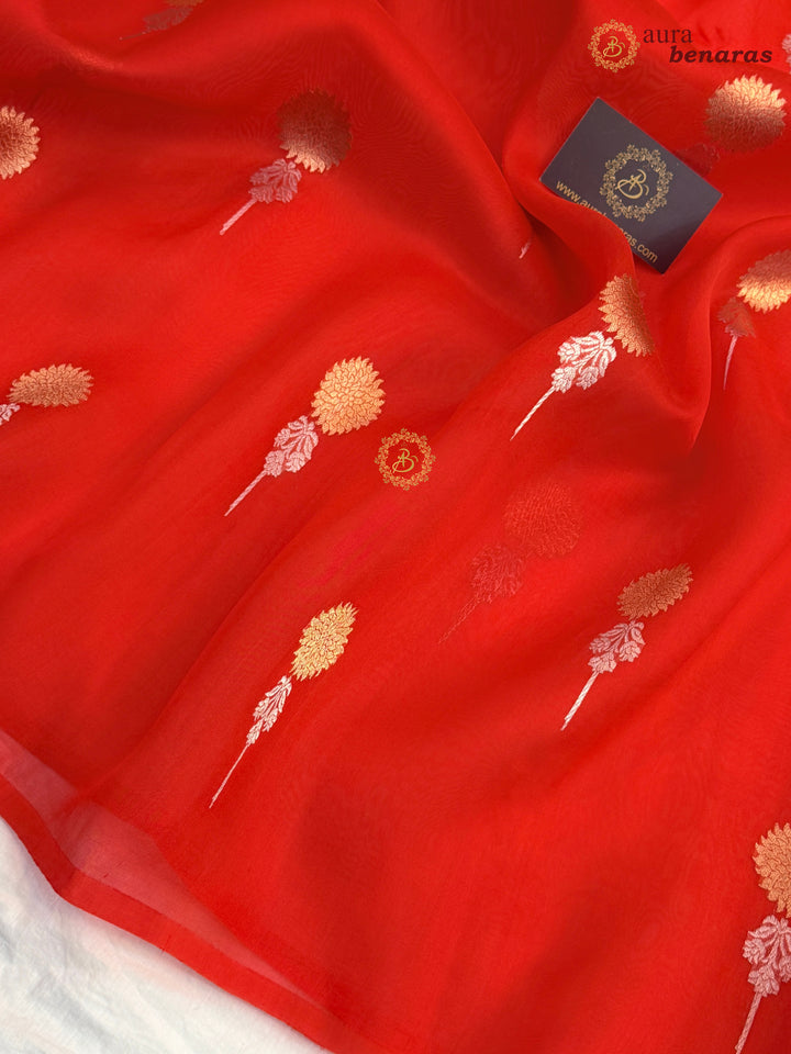 Red Kora Silk Banarasi Saree with Sona Rupa Butis