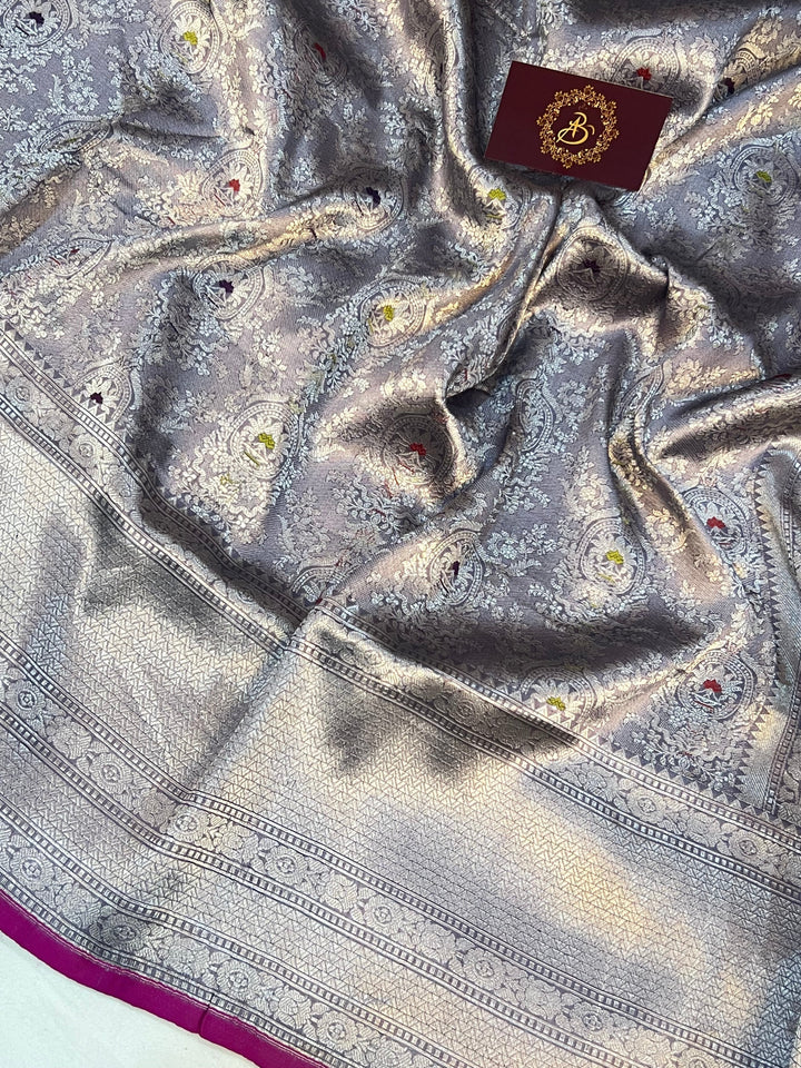Greyish Lavender Banarasi Handloom Katan Silk Saree - Aura Benaras