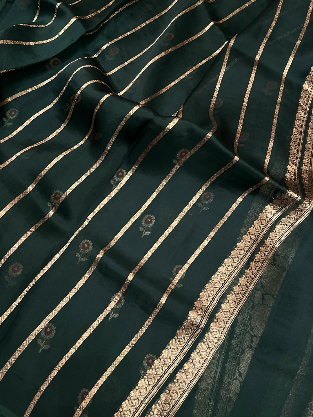 Bottle Green Pure Kora Silk Handloom Banarasi Saree