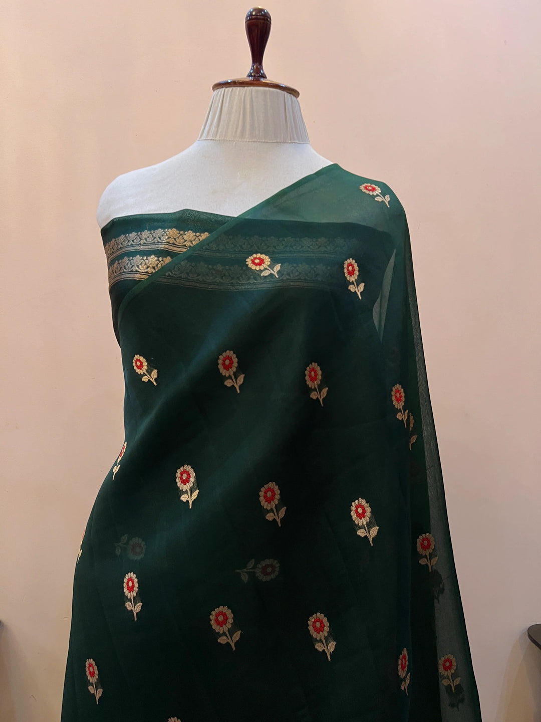 Bottle Green Pure Kora Silk Handloom Banarasi Saree