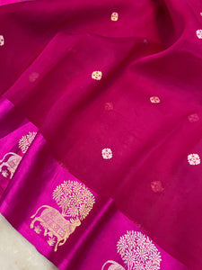 Rani Pink Pure Banarasi Handloom Kora Silk Saree - Aura Benaras