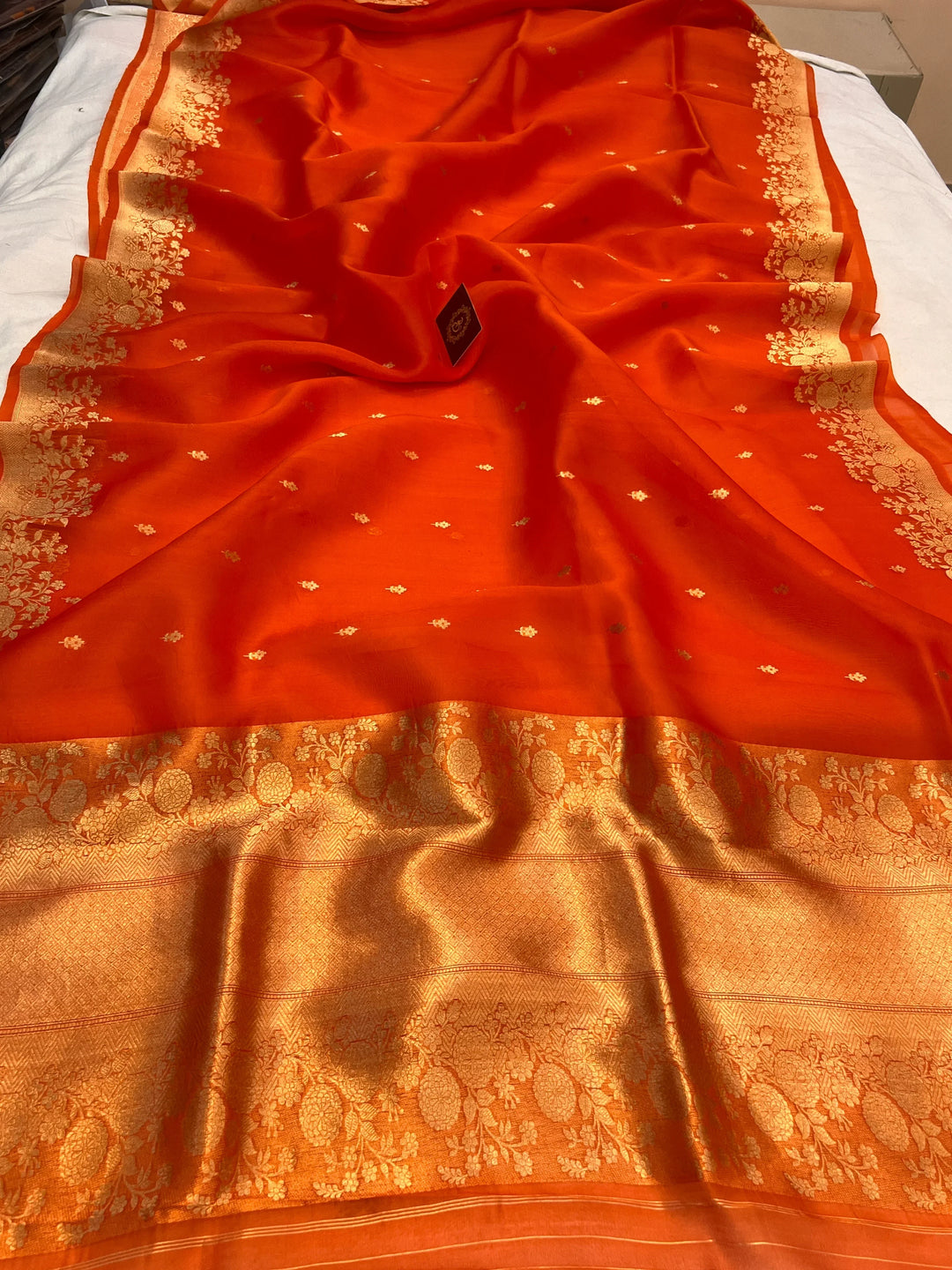 Orange Banarasi Handloom Kora Silk Saree