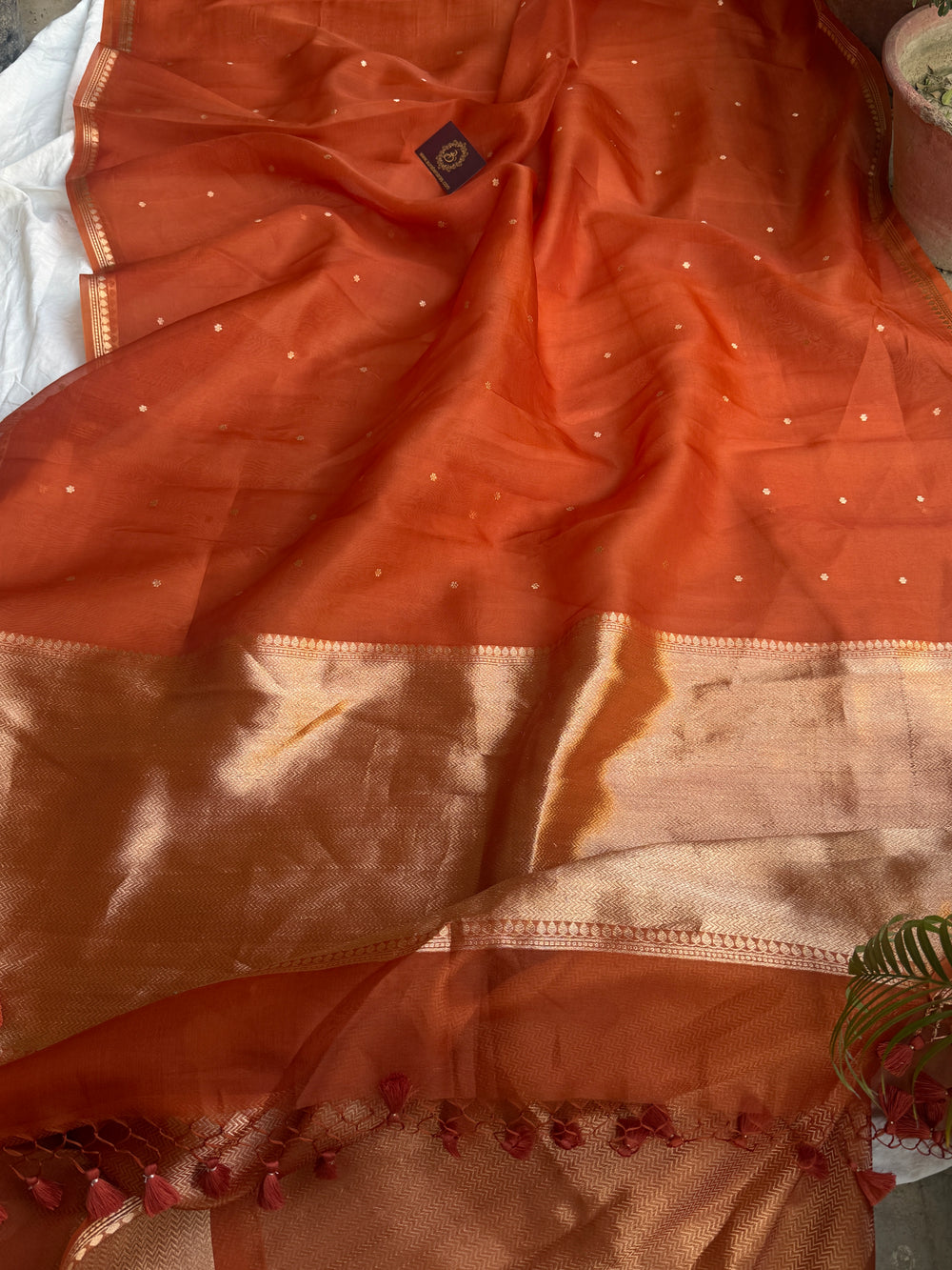 Earthy Orange Pure Kora Silk Handloom Banarasi Saree