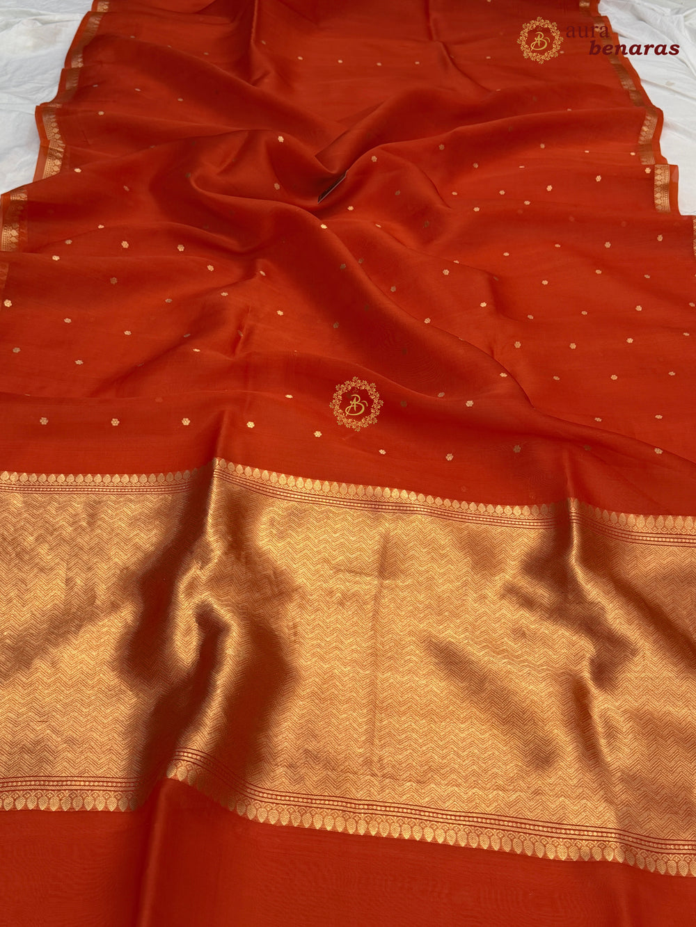 Bright Orange Kora Silk Banarasi Saree with Zari Butis & Border
