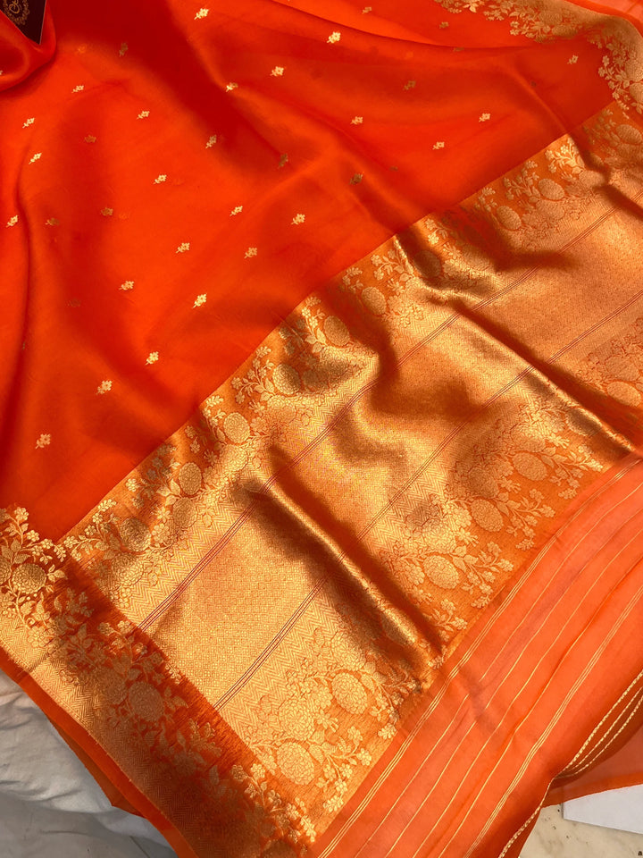 Orange Banarasi Handloom Kora Silk Saree