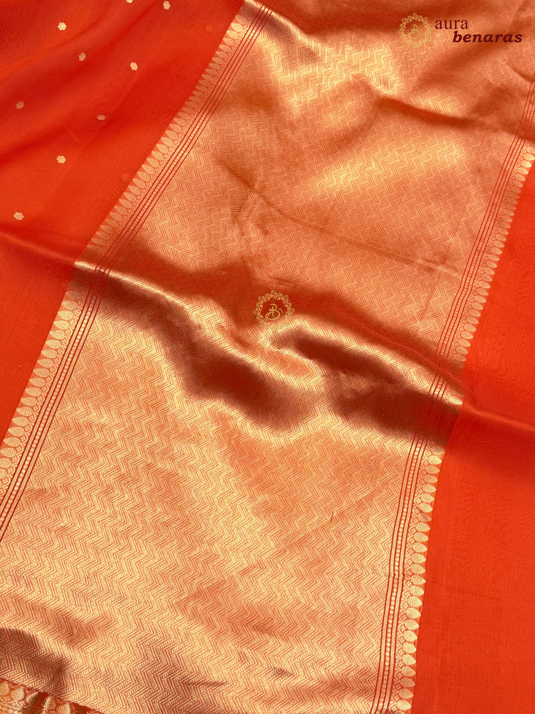 Bright Orange Kora Silk Banarasi Saree with Zari Butis & Border
