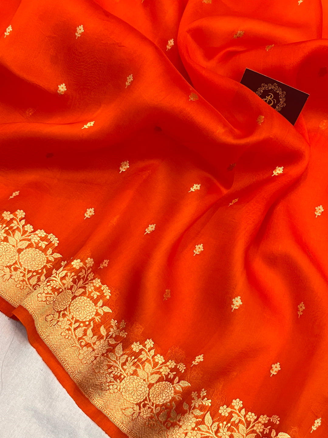 Orange Banarasi Handloom Kora Silk Saree