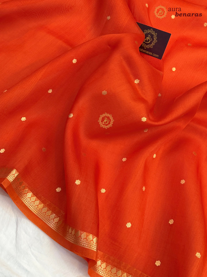 Bright Orange Kora Silk Banarasi Saree with Zari Butis & Border