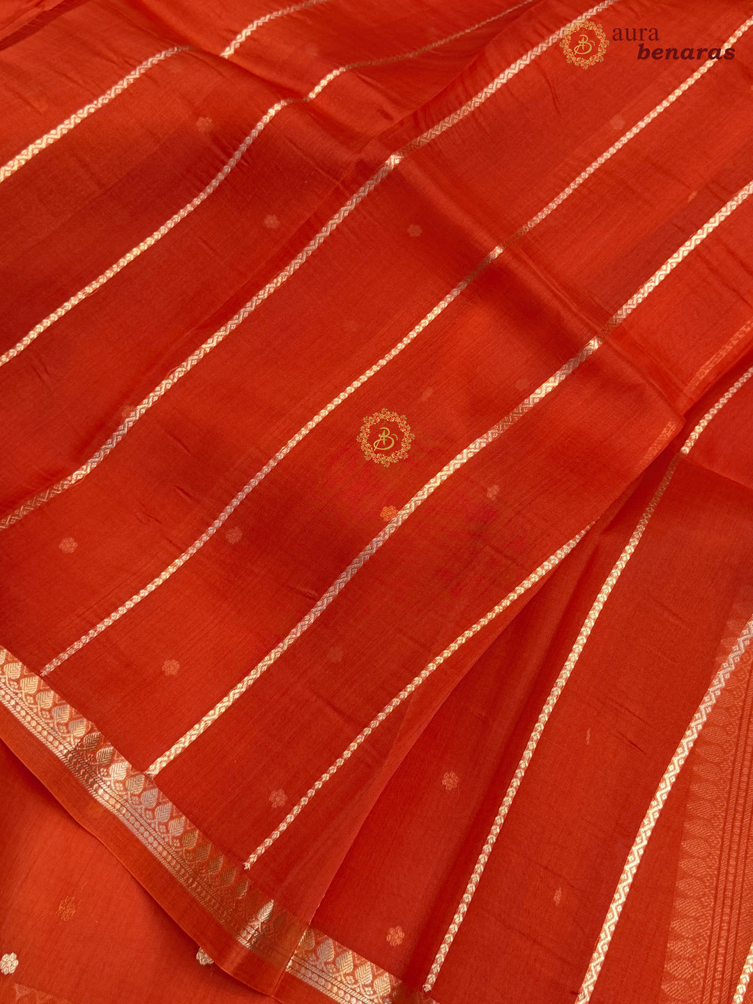 Bright Orange Kora Silk Banarasi Saree with Zari Butis & Border
