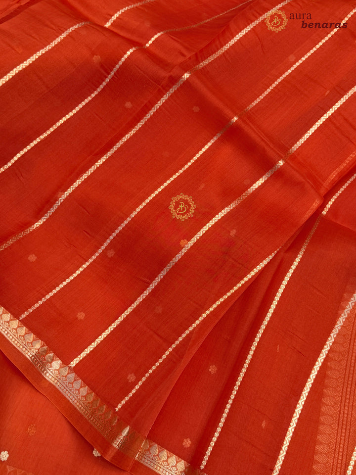 Bright Orange Kora Silk Banarasi Saree with Zari Butis & Border