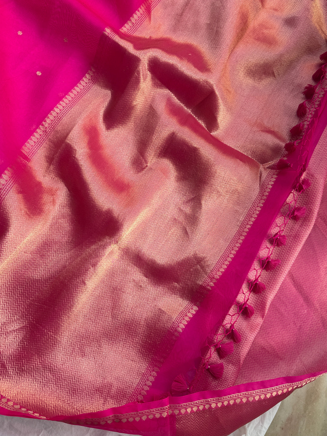 Rani Pink Pure Kora Silk Handloom Banarasi Saree