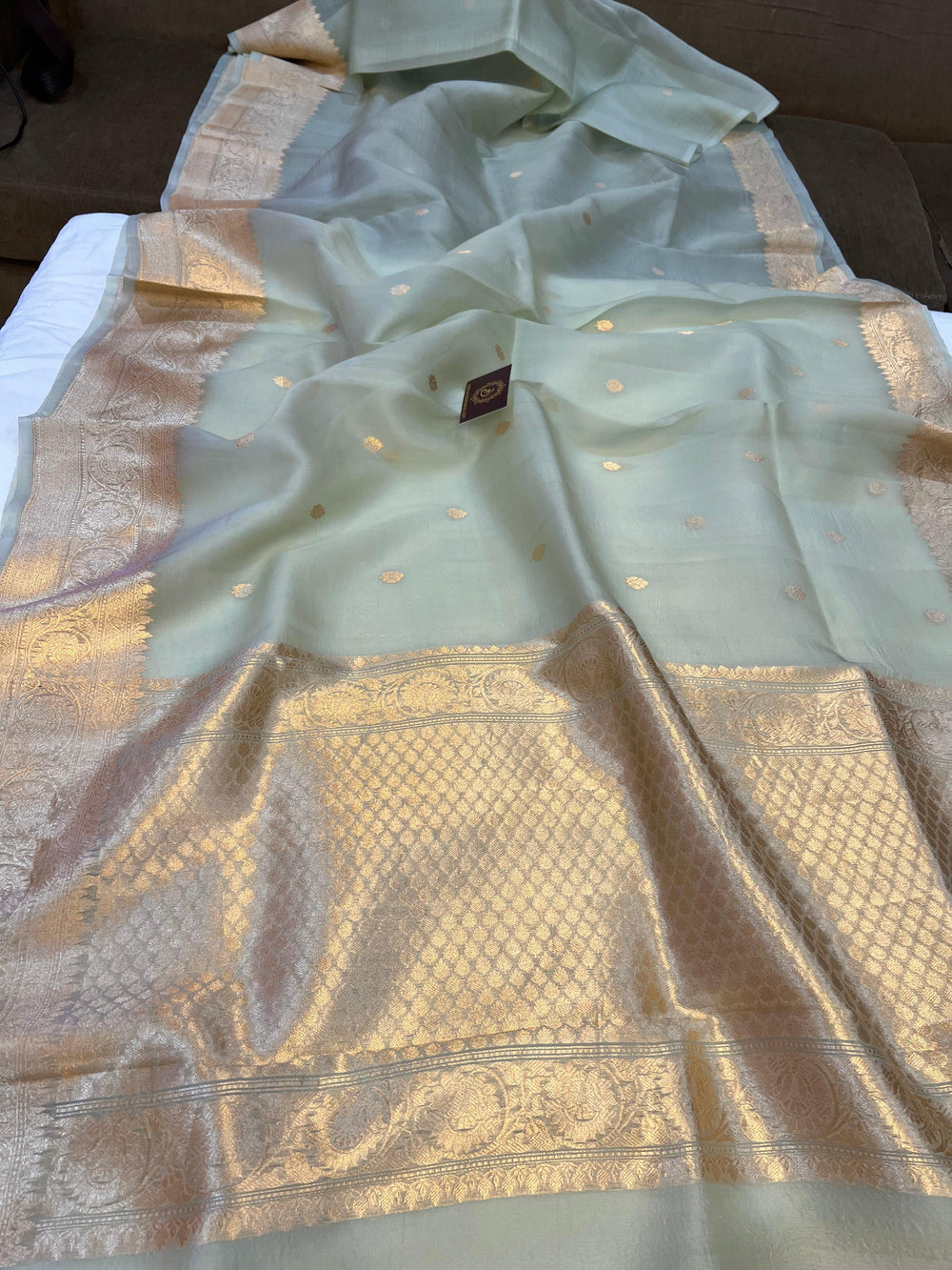 Pastel Green Pure Kora Silk Banarasi Saree with Kadhwa Butis 