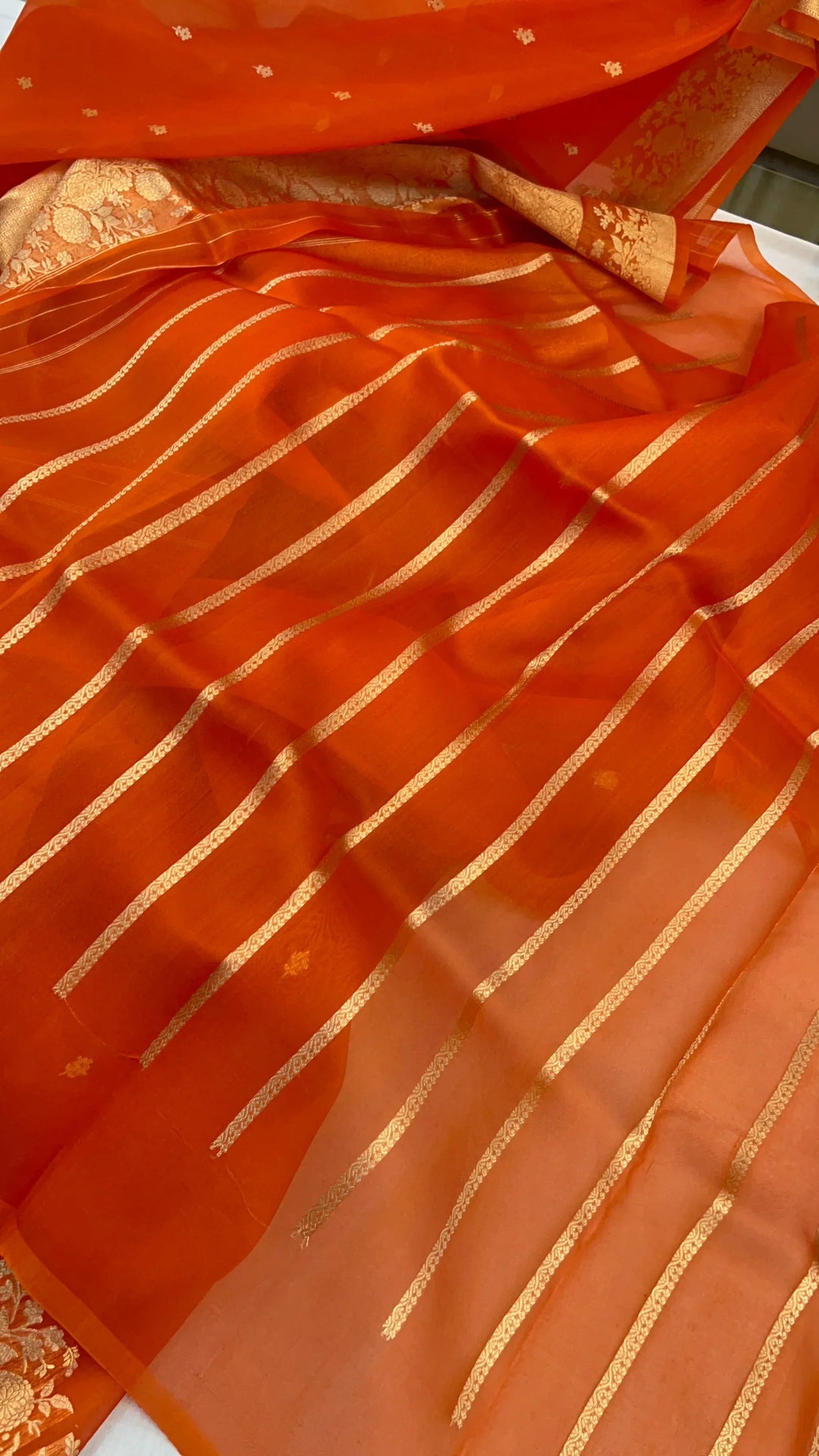 Orange Banarasi Handloom Kora Silk Saree