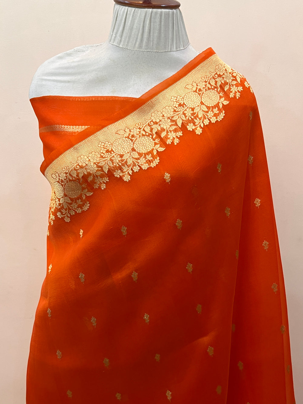 Orange Banarasi Handloom Kora Silk Saree